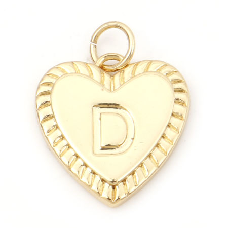 Picture of Brass Valentine's Day Charms 18K Real Gold Plated Heart Initial Alphabet/ Capital Letter Message " D " 19mm x 15mm, 1 Piece