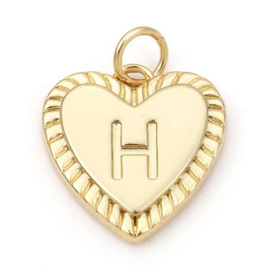 Picture of 1 Piece Eco-friendly Brass Valentine's Day Charms 18K Real Gold Plated Heart Capital Alphabet Initial Letter Message " H " 19mm x 15mm