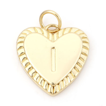 Picture of Brass Valentine's Day Charms 18K Real Gold Plated Heart Initial Alphabet/ Capital Letter Message " I " 19mm x 15mm, 1 Piece