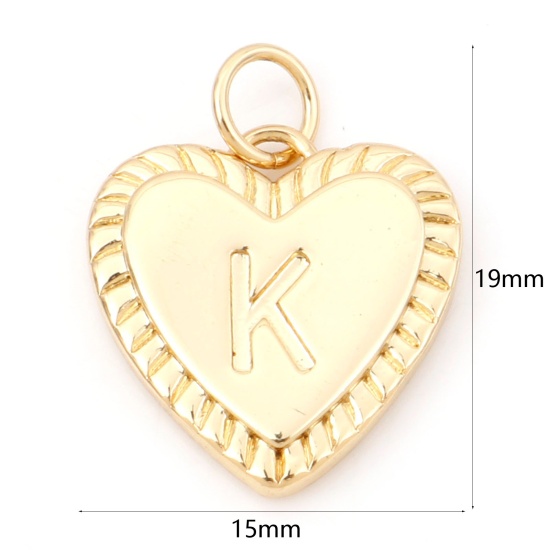 真鍮 バレンタイン・デー チャーム ハート 18Kリアルゴールドメッキ キャピタルレター 文字「 K」 19mmx 15mm、 1 個 の画像