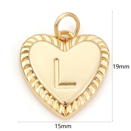 Picture of Brass Valentine's Day Charms 18K Real Gold Plated Heart Initial Alphabet/ Capital Letter Message " L " 19mm x 15mm, 1 Piece