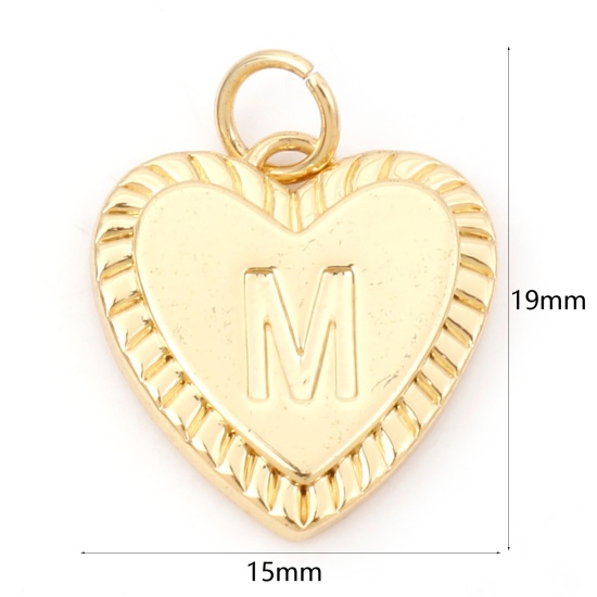 真鍮 バレンタイン・デー チャーム ハート 18Kリアルゴールドメッキ キャピタルレター 文字「 M」 19mmx 15mm、 1 個 の画像