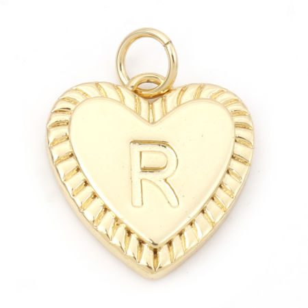 Picture of Brass Valentine's Day Charms 18K Real Gold Plated Heart Initial Alphabet/ Capital Letter Message " R " 19mm x 15mm, 1 Piece