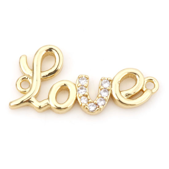 Picture of Brass Valentine's Day Connectors Charms Pendants 18K Real Gold Plated Lowercase Letter Micro Pave Clear Cubic Zirconia 17mm x 8mm, 1 Piece                                                                                                                    