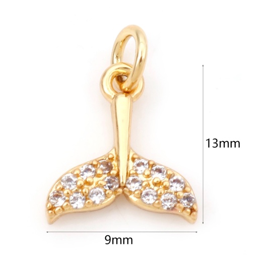 Bild von Messing Ozean Schmuck Charms 18K Echtgold plattiert Fischschwanz Micro Pave Klar Zirkonia 13mm x 9mm, 1 Stück