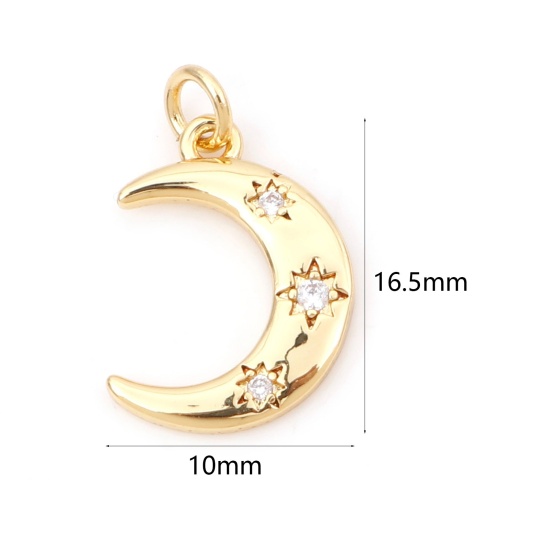 Picture of Brass Galaxy Charms 18K Real Gold Plated Half Moon Clear Cubic Zirconia 16.5mm x 10mm, 1 Piece