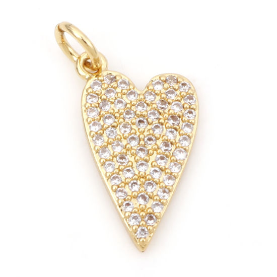 Picture of Brass Valentine's Day Charms 18K Real Gold Plated Heart Micro Pave Clear Cubic Zirconia 21.5mm x 10mm, 1 Piece                                                                                                                                                
