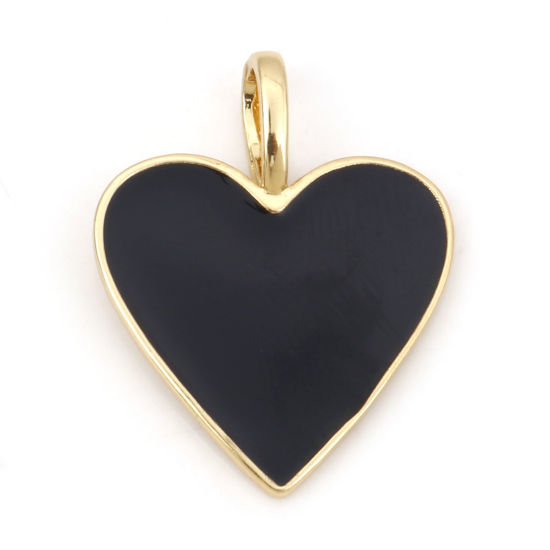 Picture of Brass Valentine's Day Charms 18K Real Gold Plated Black Heart Enamel 24mm x 19mm, 1 Piece