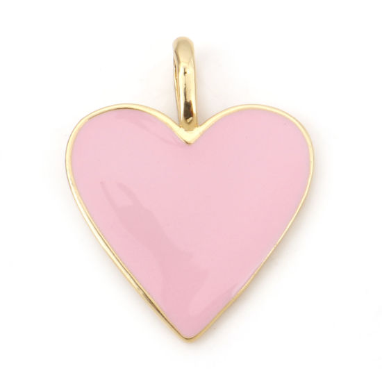 Picture of Brass Valentine's Day Charms 18K Real Gold Plated Pink Heart Enamel 24mm x 19mm, 1 Piece