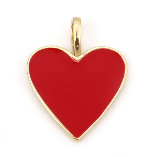 Picture of Brass Valentine's Day Charms 18K Real Gold Plated Red Heart Enamel 24mm x 19mm, 1 Piece