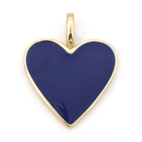 Picture of Brass Valentine's Day Charms 18K Real Gold Plated Dark Blue Heart Enamel 24mm x 19mm, 1 Piece