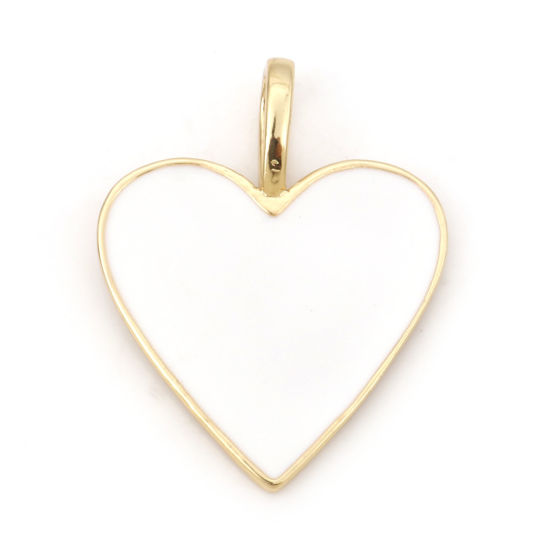 Picture of Brass Valentine's Day Charms 18K Real Gold Plated White Heart Enamel 24mm x 19mm, 1 Piece
