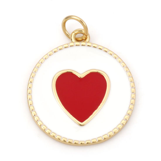 Picture of Brass Valentine's Day Charms 18K Real Gold Plated White & Red Round Disc Heart Enamel 24mm x 18mm, 1 Piece