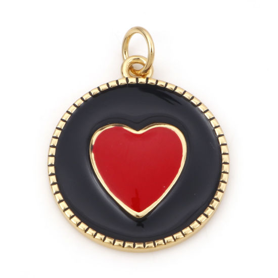 Picture of Brass Valentine's Day Charms 18K Real Gold Plated Black & Red Round Disc Heart Enamel 24mm x 18mm, 1 Piece