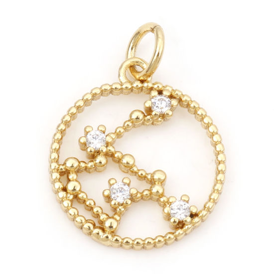 Image de Breloques en Laiton Rond Plaqué Or Véritable 18K Constellation Verseau Creux à Zircone Cubique Clair 20mm x 15mm, 1 Pièce