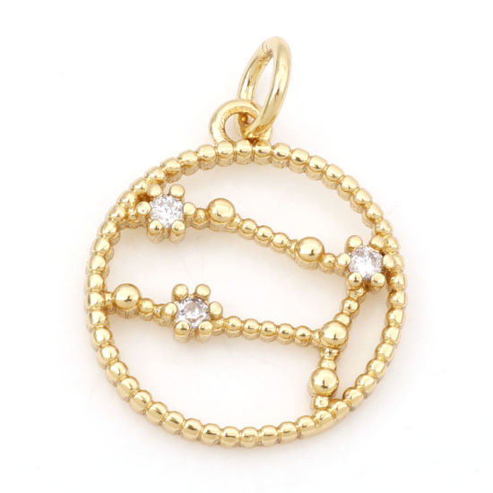 Image de Breloques en Laiton Rond Plaqué Or Véritable 18K Constellation Gémeaux Creux à Zircone Cubique Clair 20mm x 15mm, 1 Pièce