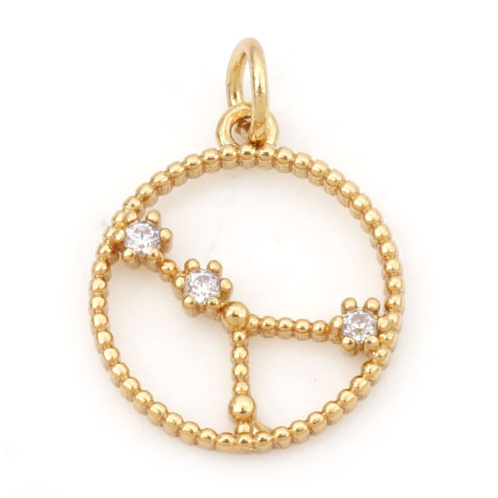 Image de Breloques en Laiton Rond Plaqué Or Véritable 18K Constellation Cancer Creux à Zircone Cubique Clair 20mm x 15mm, 1 Pièce