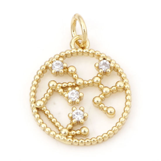 Image de Breloques en Laiton Rond Plaqué Or Véritable 18K Constellation Sagittaire Creux à Zircone Cubique Clair 20mm x 15mm, 1 Pièce