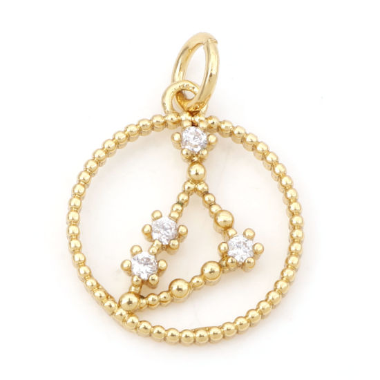Image de Breloques en Laiton Rond Plaqué Or Véritable 18K Constellation Capricorne Creux à Zircone Cubique Clair 20mm x 15mm, 1 Pièce