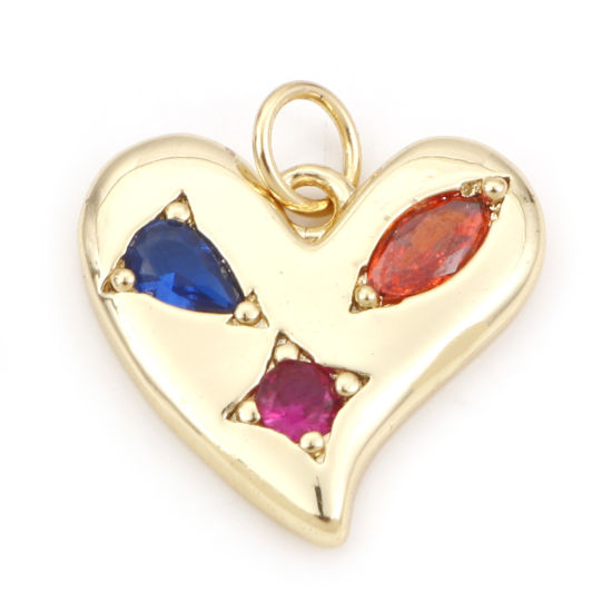 Picture of Brass Valentine's Day Charms 18K Real Gold Plated Heart Multicolour Cubic Zirconia 18.5mm x 16mm, 1 Piece