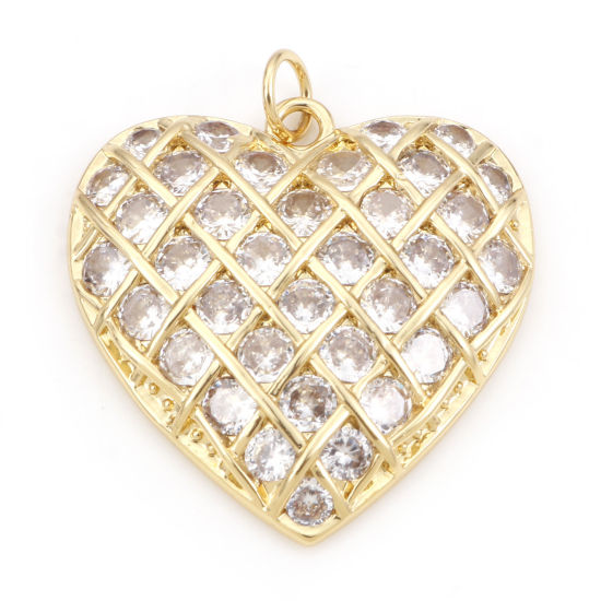 Picture of Brass Valentine's Day Charms 18K Real Gold Plated Heart Clear Cubic Zirconia 29.5mm x 25mm, 1 Piece