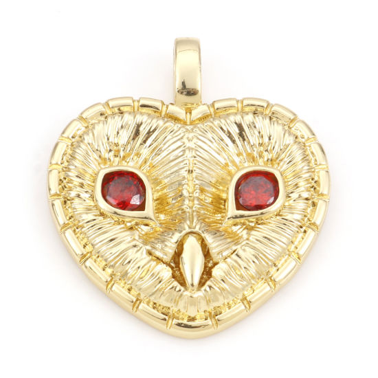 Picture of Brass Halloween Pendants 18K Real Gold Plated Owl Animal Fuchsia Cubic Zirconia 3.5cm x 3cm, 1 Piece