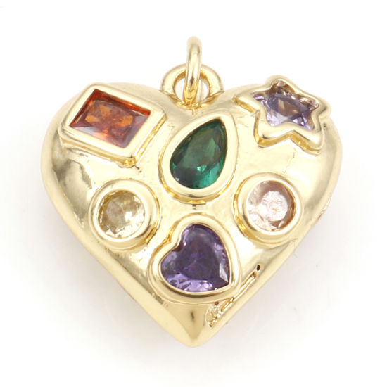 Picture of Brass Valentine's Day Charms 18K Real Gold Plated Heart Multicolour Cubic Zirconia 21mm x 17mm, 1 Piece