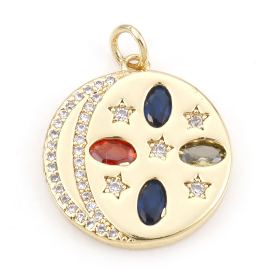 Picture of Brass Galaxy Charms 18K Real Gold Plated Round Moon Micro Pave Multicolour Cubic Zirconia 24.5mm x 19mm, 1 Piece