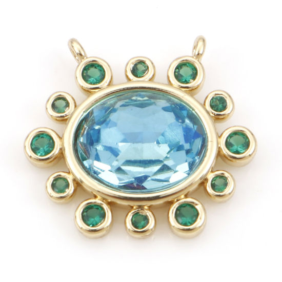 Picture of Brass Charms 18K Real Gold Plated Blue Oval Green Cubic Zirconia 18mm x 16.5mm, 1 Piece