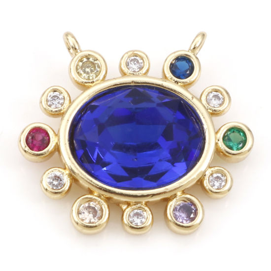 Picture of Brass Charms 18K Real Gold Plated Dark Blue Oval Multicolour Cubic Zirconia 18mm x 16.5mm, 1 Piece