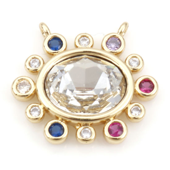 Picture of Brass Charms 18K Real Gold Plated Transparent Clear Oval Multicolour Cubic Zirconia 18mm x 16.5mm, 1 Piece