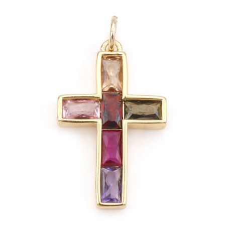 Picture of Brass Religious Charms 18K Real Gold Plated Cross Multicolour Cubic Zirconia 28mm x 15mm, 1 Piece
