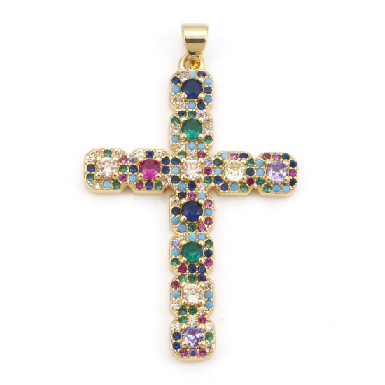 Image de Pendentifs Religieux en Laiton Croix Plaqué Or Véritable 18K Micro Pave à Zircone Cubique Multicolore 4.6cm x 2.8cm, 1 Pièce