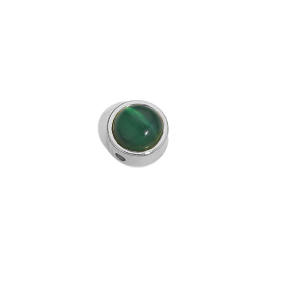 Picture of 304 Stainless Steel & Cat's Eye Glass Beads For DIY Charm Jewelry Making Flat Round Silver Tone Dark Green 8mm Dia., Hole: Approx 1.5mm, 2 PCs
