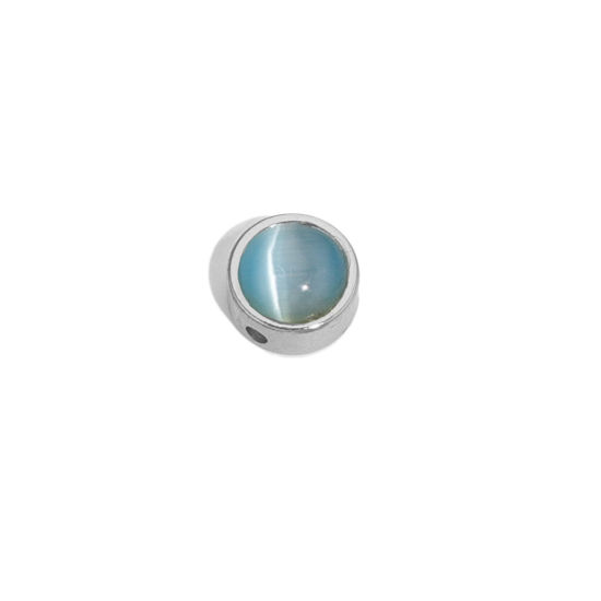 Bild von Edelstahl 304 & Katzenaugenglas Perlen für die Herstellung von DIY-Charme-Schmuck Flachrund Silberfarbe Azurblau 8mm D., Loch: ca. 1.5mm, 2 Stück