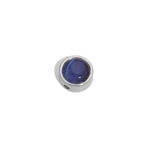 Bild von Edelstahl 304 & Katzenaugenglas Perlen für die Herstellung von DIY-Charme-Schmuck Flachrund Silberfarbe Dunkelblau 8mm D., Loch: ca. 1.5mm, 2 Stück