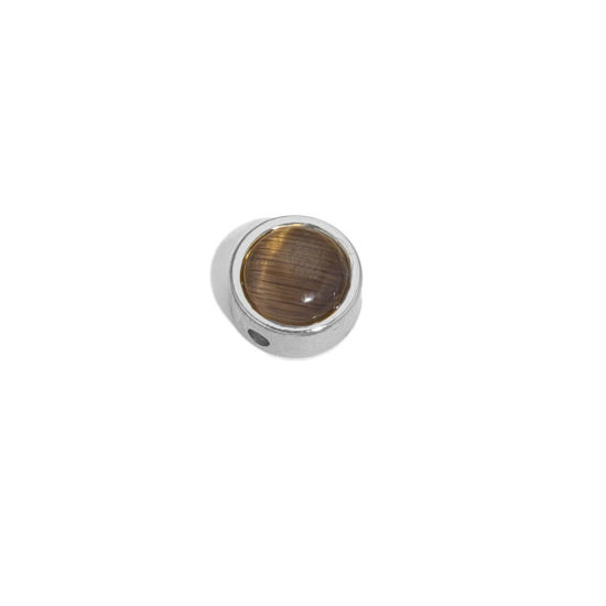 Bild von Edelstahl 304 & Katzenaugenglas Perlen für die Herstellung von DIY-Charme-Schmuck Flachrund Silberfarbe Grau 8mm D., Loch: ca. 1.5mm, 2 Stück