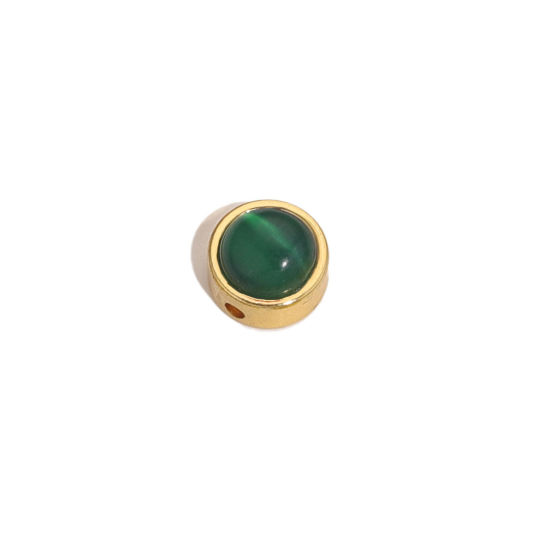 Picture of 304 Stainless Steel & Cat's Eye Glass Beads For DIY Charm Jewelry Making Flat Round Gold Plated Dark Green 8mm Dia., Hole: Approx 1.5mm, 2 PCs