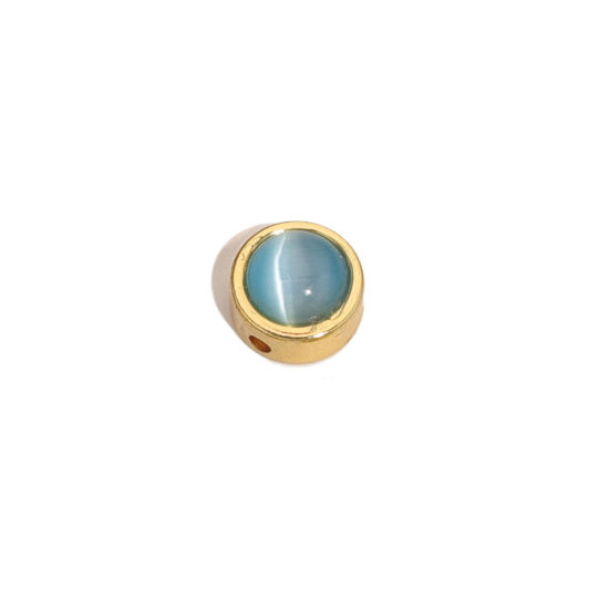Picture of 304 Stainless Steel & Cat's Eye Glass Beads For DIY Charm Jewelry Making Flat Round Gold Plated Skyblue 8mm Dia., Hole: Approx 1.5mm, 2 PCs