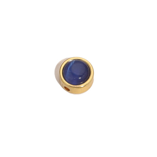 Picture of 304 Stainless Steel & Cat's Eye Glass Beads For DIY Charm Jewelry Making Flat Round Gold Plated Dark Blue 8mm Dia., Hole: Approx 1.5mm, 2 PCs