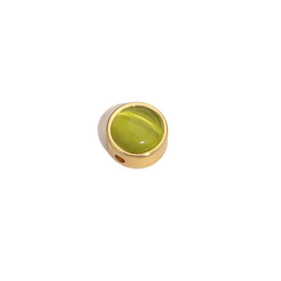 Picture of 304 Stainless Steel & Cat's Eye Glass Beads For DIY Charm Jewelry Making Flat Round Gold Plated Grass Green 8mm Dia., Hole: Approx 1.5mm, 2 PCs