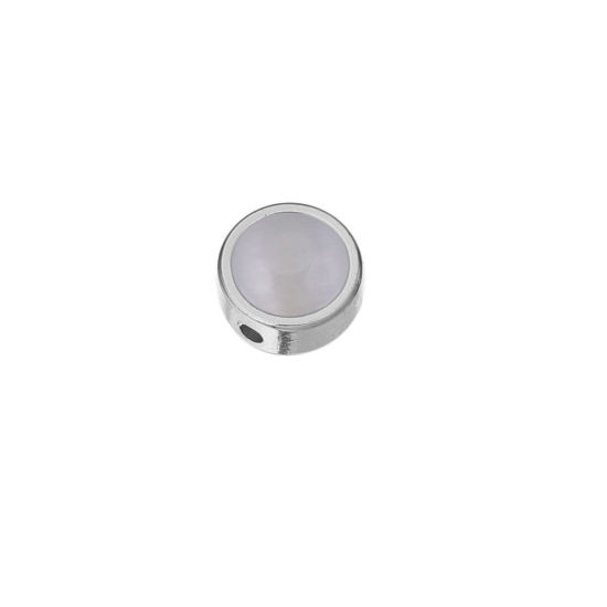Picture of 304 Stainless Steel & Cat's Eye Glass Beads For DIY Charm Jewelry Making Flat Round Silver Tone White 10mm Dia., Hole: Approx 1.5mm, 2 PCs