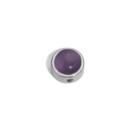 Picture of 304 Stainless Steel & Cat's Eye Glass Beads For DIY Charm Jewelry Making Flat Round Silver Tone Purple 10mm Dia., Hole: Approx 1.5mm, 2 PCs