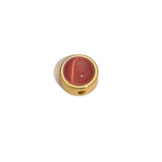 Bild von Edelstahl 304 & Katzenaugenglas Perlen für die Herstellung von DIY-Charme-Schmuck Flachrund Vergoldet Rot 10mm D., Loch: ca. 1.5mm, 2 Stück
