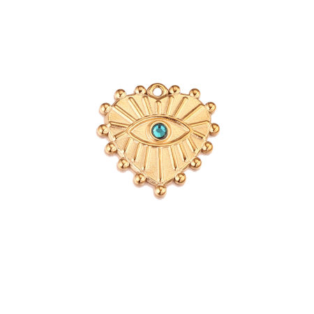 Picture of 1 Piece 304 Stainless Steel Charms 18K Gold Plated Heart Evil Eye Lake Blue Rhinestone 19mm x 20mm