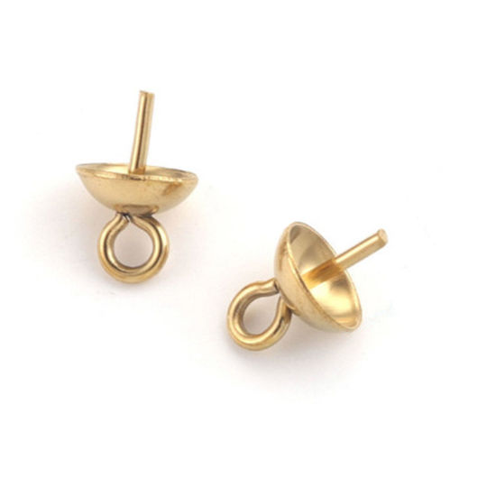 Picture of 10 PCs 304 Stainless Steel Pearl Pendant Connector Bail Pin Cap 18K Gold Plated 7mm x 4mm