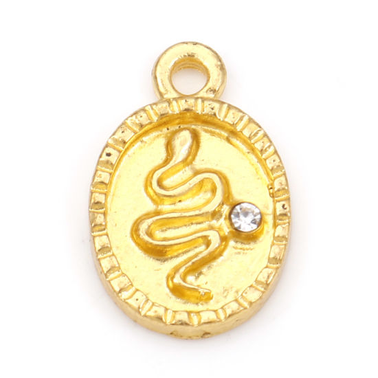 Picture of Zinc Based Alloy Charms Gold Plated Oval Snake Clear Rhinestone 16mm x 10mm, 20 PCs