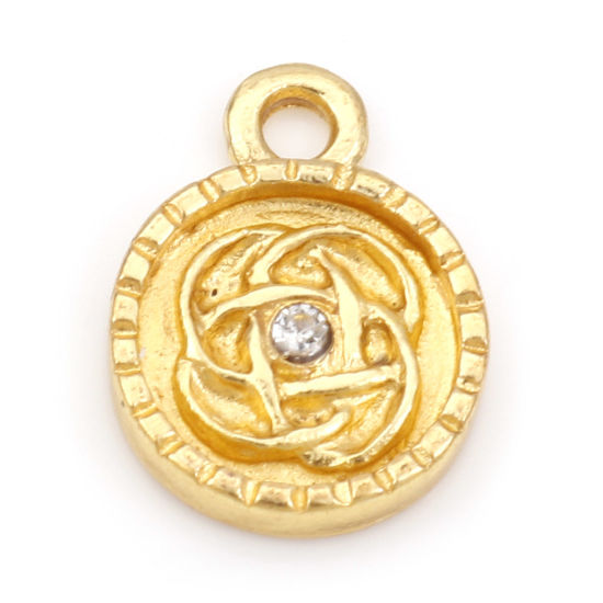 Picture of Zinc Based Alloy Charms Gold Plated Round Carved Pattern Clear Rhinestone 13.5mm x 10mm, 20 PCs