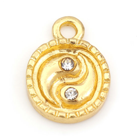 Picture of Zinc Based Alloy Religious Charms Gold Plated Round Eight Diagrams Clear Rhinestone 13.5mm x 10mm, 20 PCs