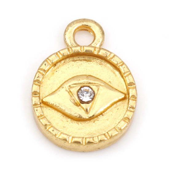 Picture of Zinc Based Alloy Charms Gold Plated Round Eye Clear Rhinestone 13.5mm x 10mm, 20 PCs